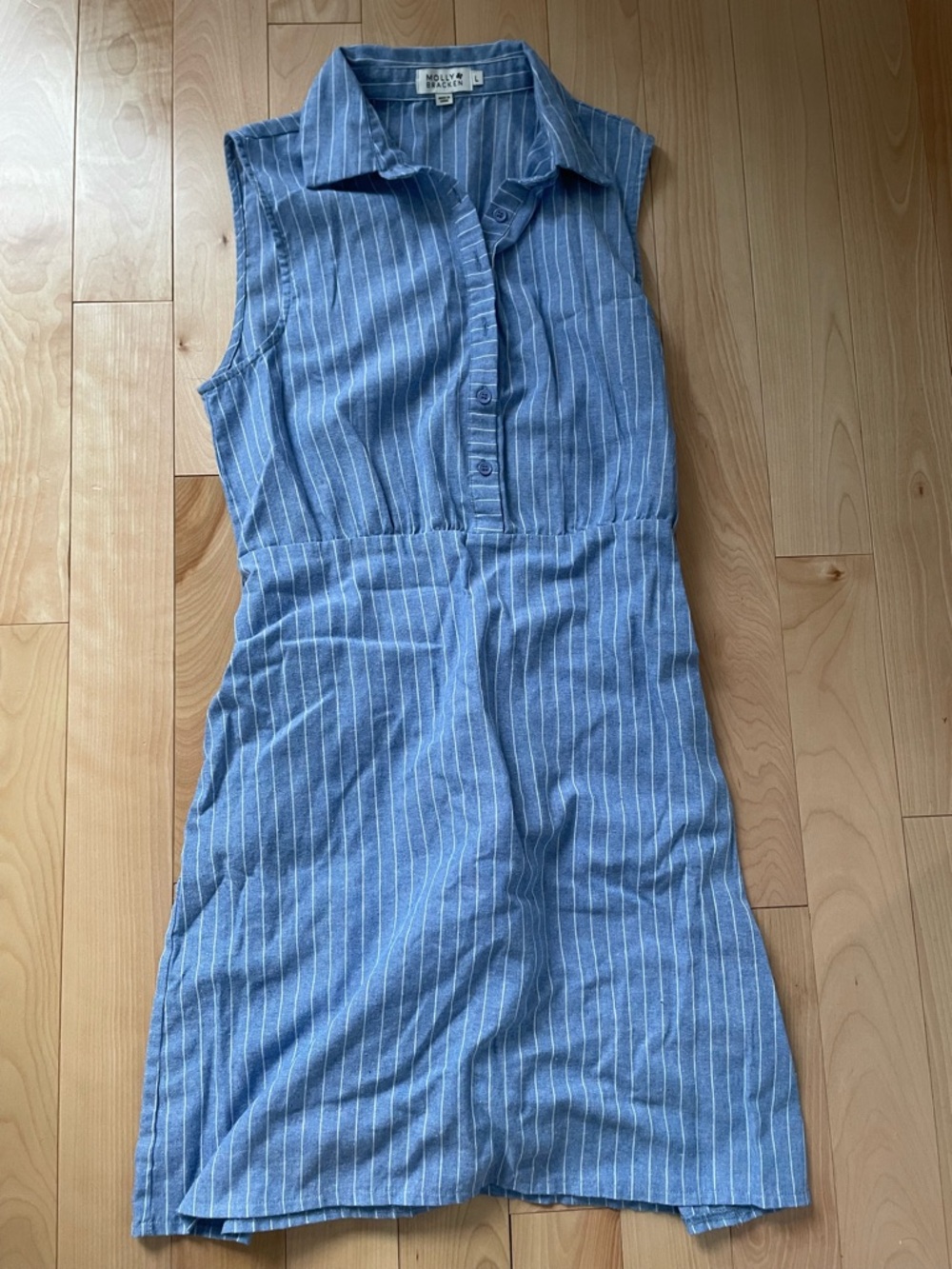 Molly Bracken Blue Striped Sleeveless Shirt Dress